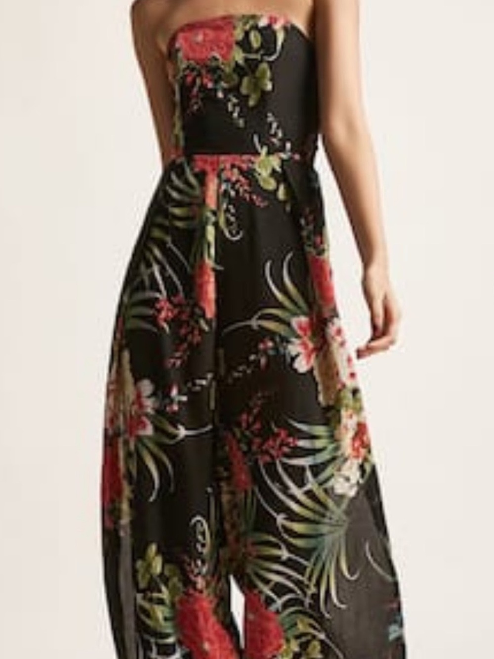 Strapless Black Floral Maxi Dress with Tropical Print
